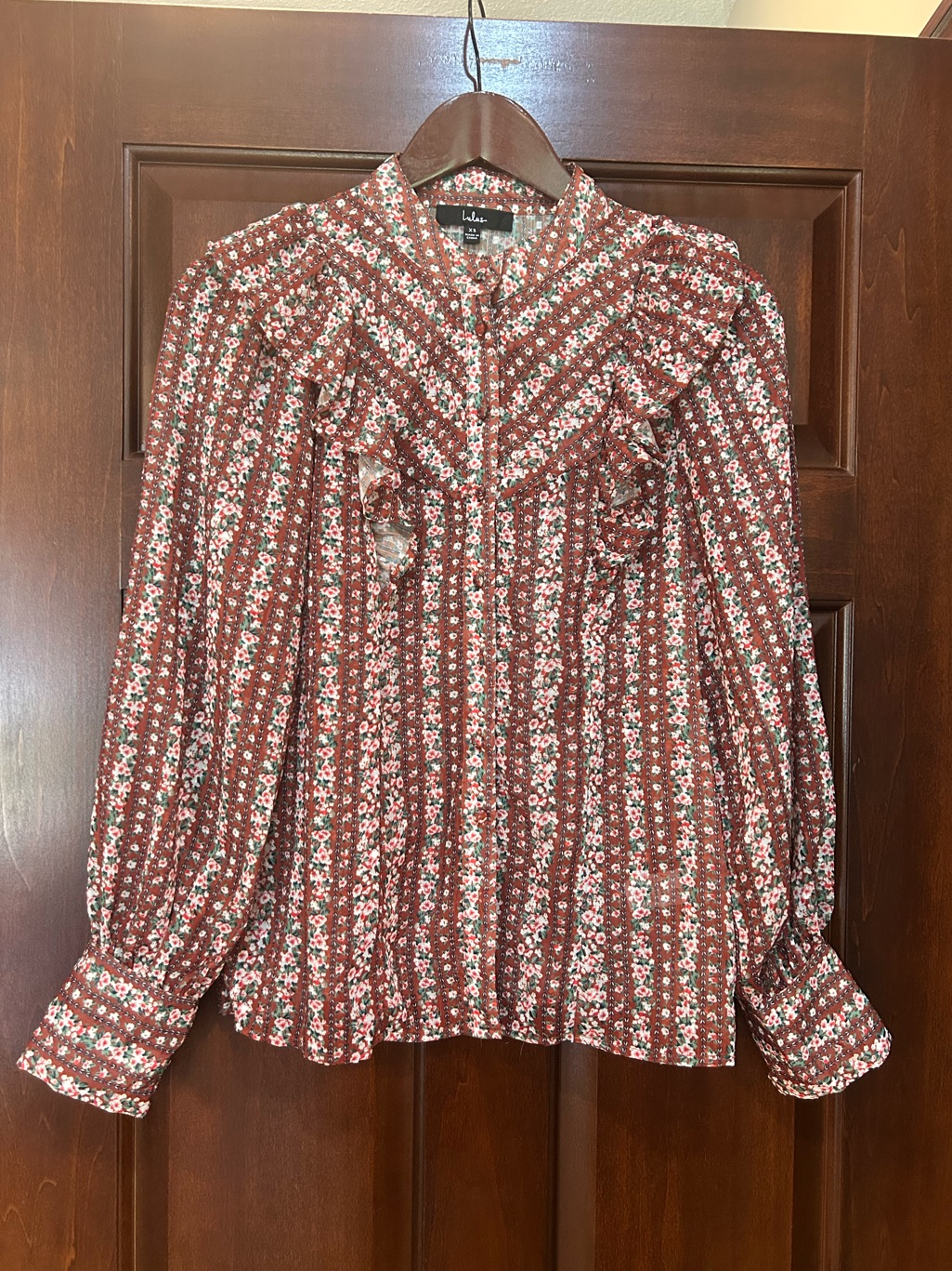 Lulus Boho Floral Peasant Blouse Xs Rust Cottagecore Balloon Sleeve Top